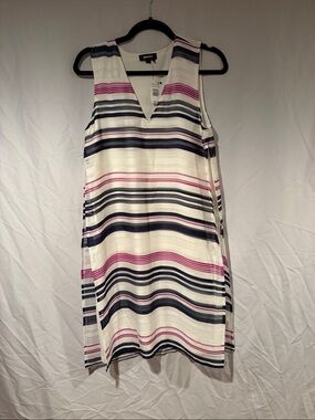 DKNY Striped Sleeveless V-Neck Shift Dress in White, Navy & Pink